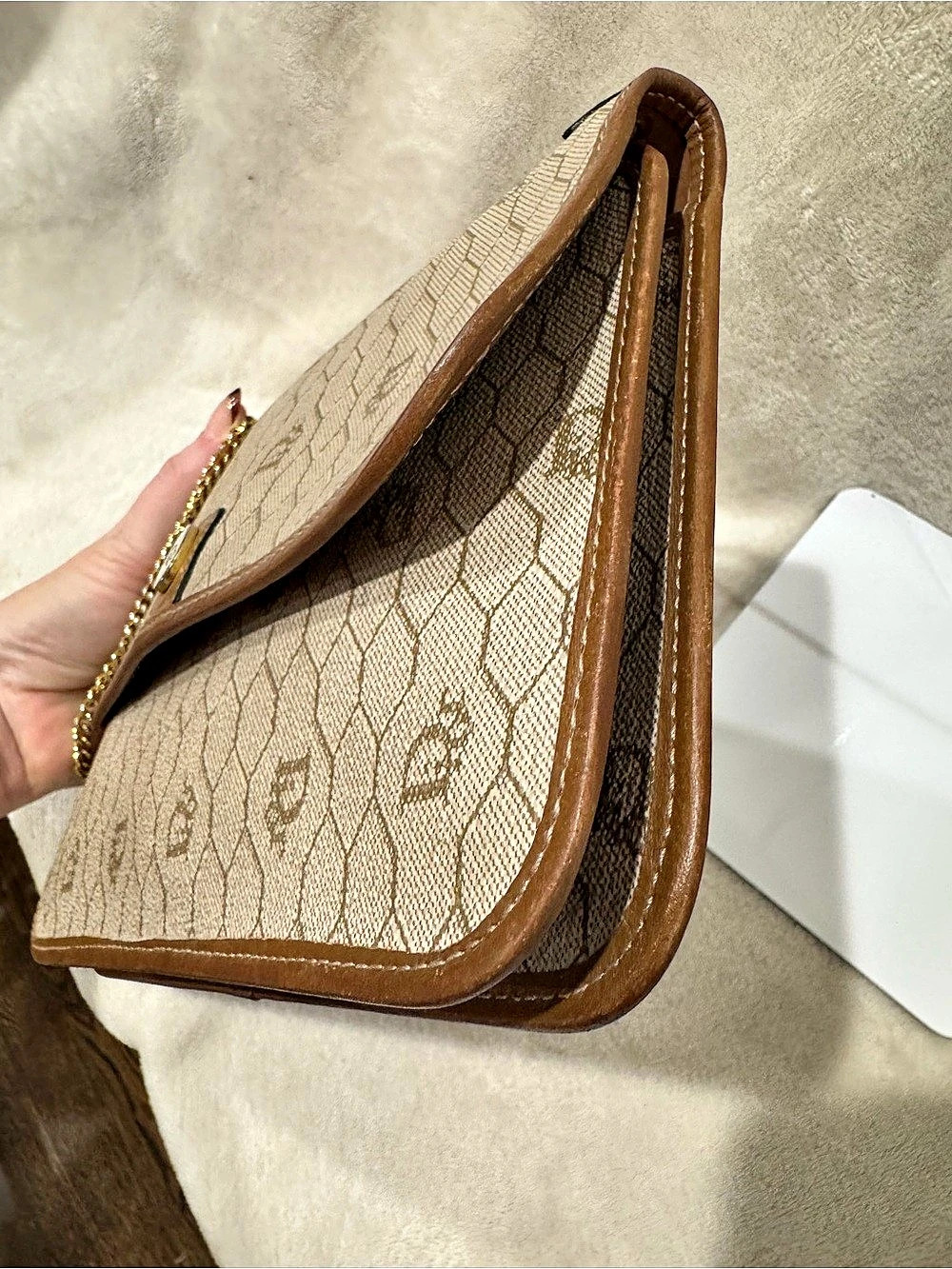 Vintage 1980’s Christian Dior Honeycomb Chain Shoulder Bag in Brown & Beige - Picture 8 of 13